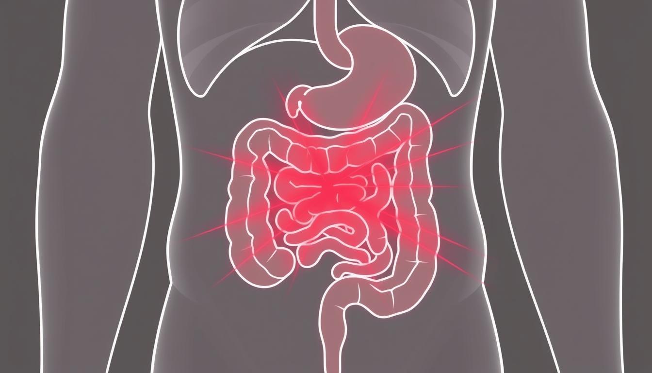Line drawing showing how red light therapy penetrates abdominal tissue to reach the digestive tract for irritable bowel syndrome treatment