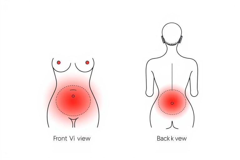 Line drawing showing optimal positioning for red light therapy treatment of menstrual cramps with front and back application areas