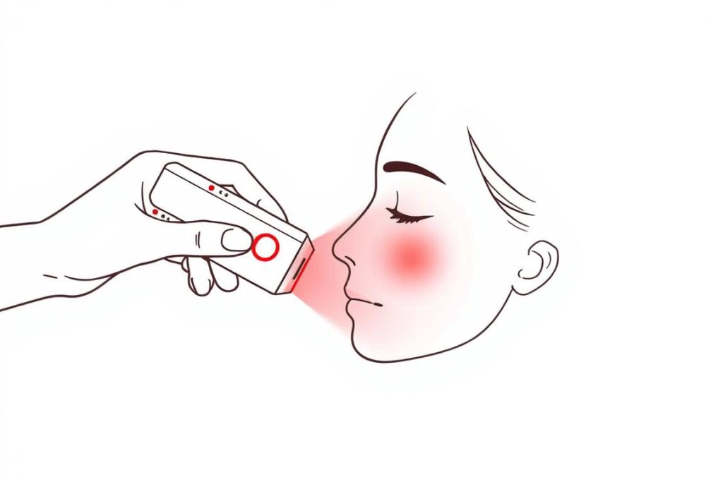 Line drawing showing proper red light therapy application technique for herpes lesions