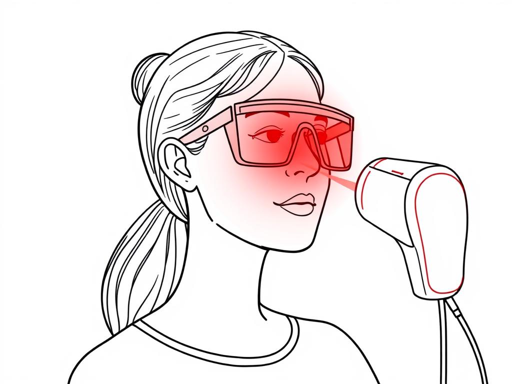 Line drawing showing proper safety precautions when using red light therapy for yeast infections