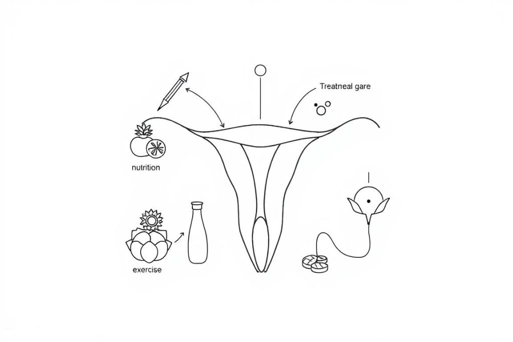 Line drawing showing red light therapy as part of a holistic approach to fibroid management