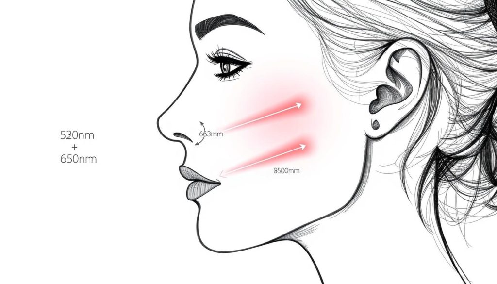 Line drawing showing red light therapy for perioral dermatitis being applied to a woman's face with visible wavelength penetration into skin layers
