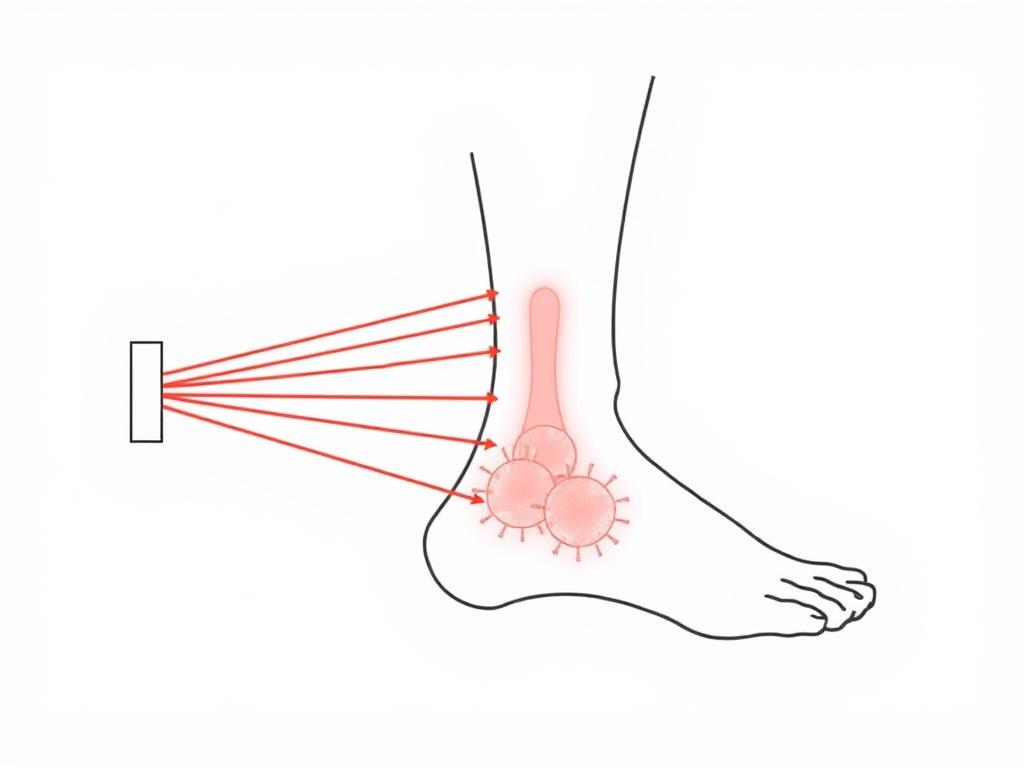 Line drawing showing red light therapy penetrating ankle tissue