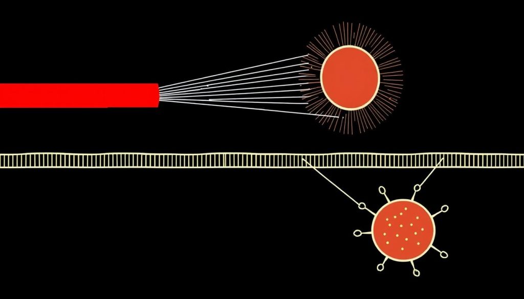 Line drawing showing red light therapy penetrating tissue to treat Peyronie's disease plaque
