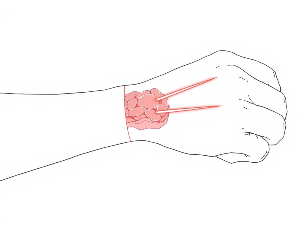 Line drawing showing red light therapy penetrating wrist tissue to illustrate the photobiomodulation process for treating wrist pain