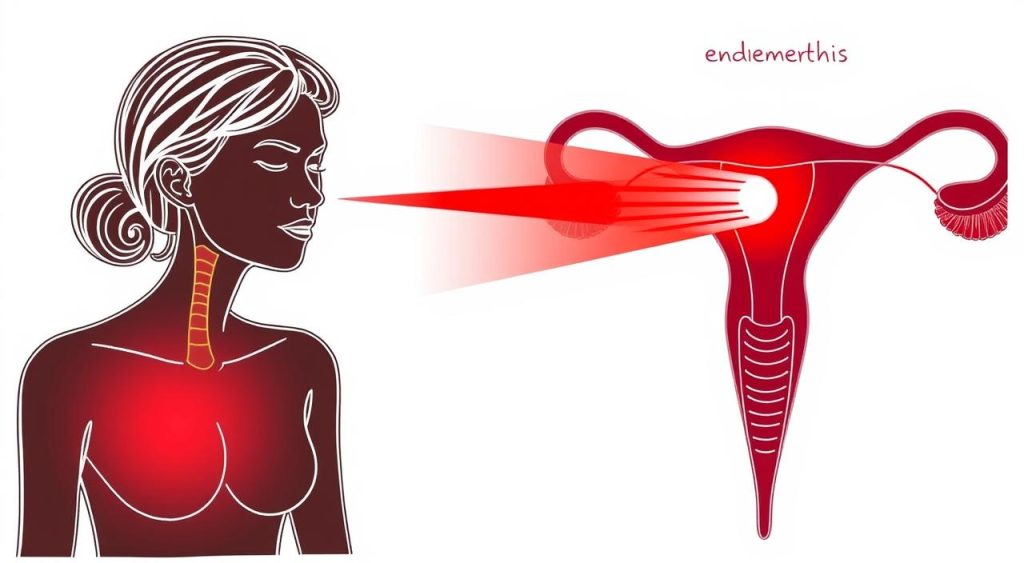 Line drawing showing red light therapy treatment for different types of menstrual pain including primary dysmenorrhea and endometriosis