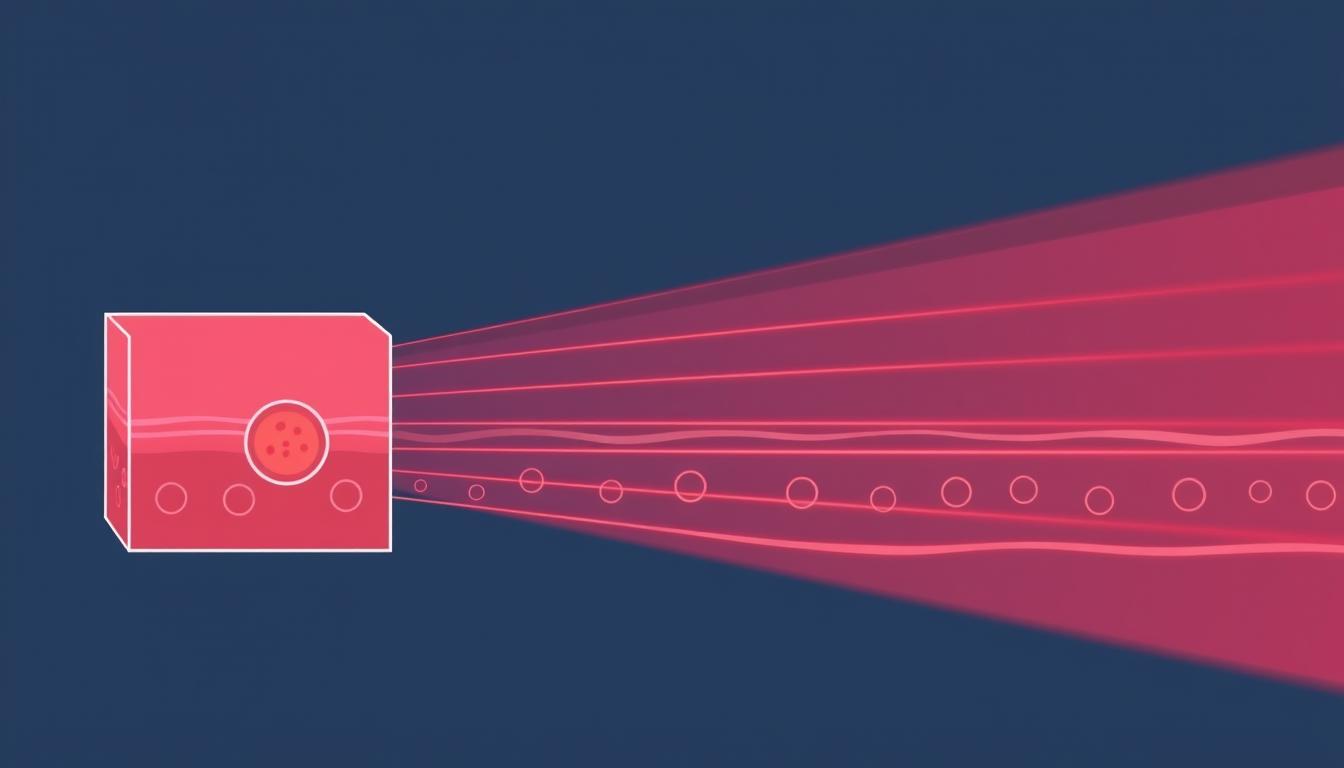 Line drawing showing red light therapy wavelengths penetrating skin layers to treat warts at cellular level