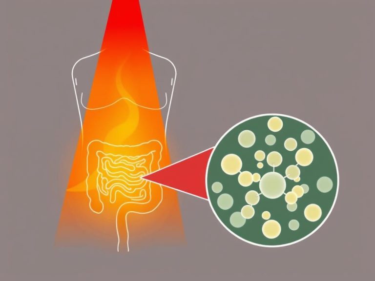 Line drawing showing red light therapy wavelengths penetrating to gut tissue and affecting mitochondria