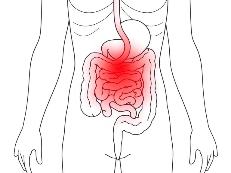 Line drawing showing the digestive system with red light therapy application for constipation