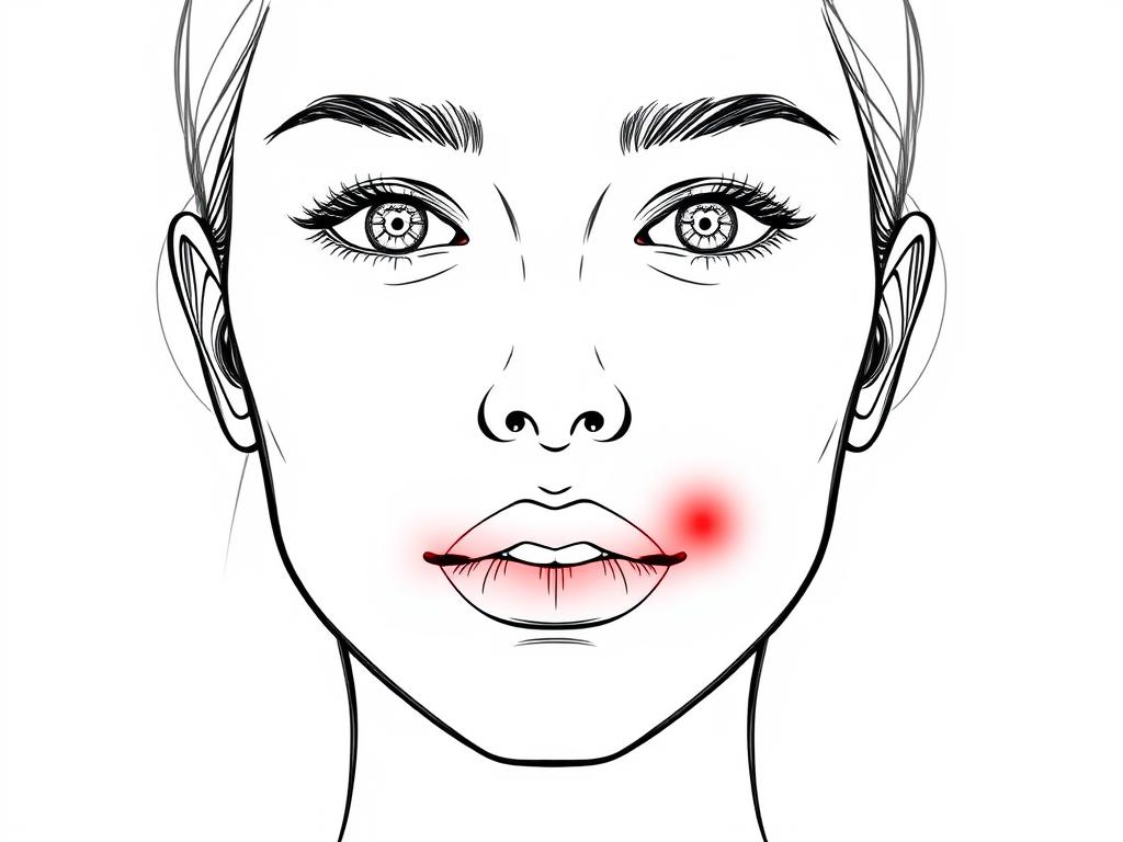 Line drawing showing the facial distribution pattern of perioral dermatitis with red light therapy for perioral dermatitis being applied to affected areas
