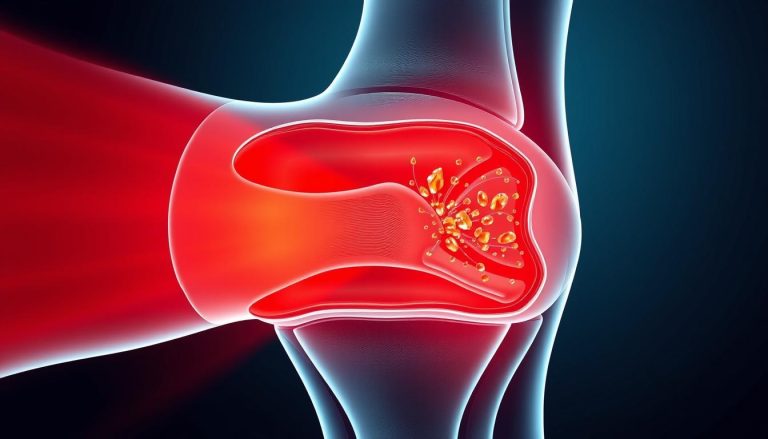 Red light therapy for gout illustration showing uric acid crystals in joint with red light application
