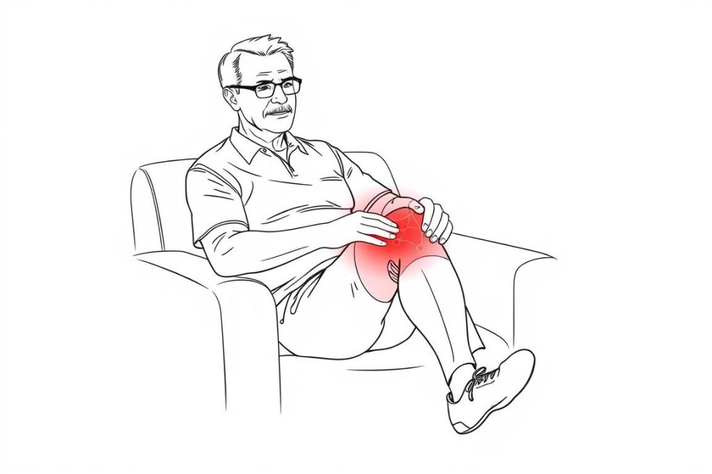 Red light therapy for gout sketch: middle-aged man treating knee joint