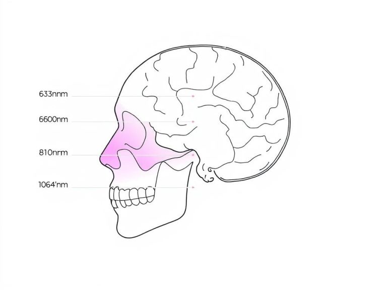 Technical sketch comparing wavelengths in red light therapy devices for neurological healing, highlighting red light therapy for concussion applications