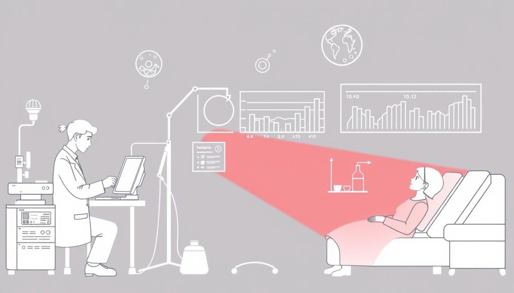 Line drawing illustrating the research process for red light therapy and pneumonia