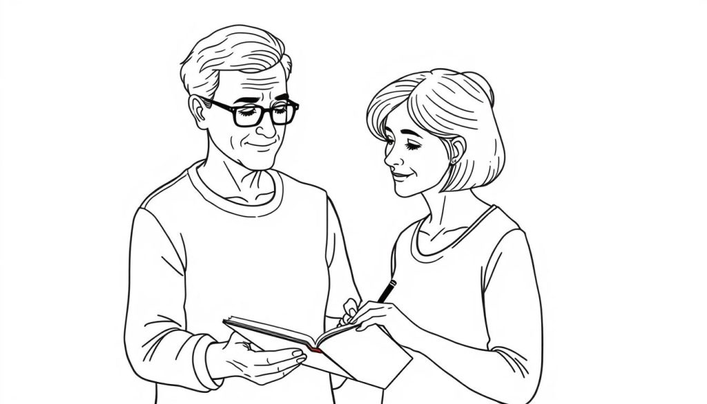 Line drawing of a middle-aged person tracking their progress with red light therapy for actinic keratosis