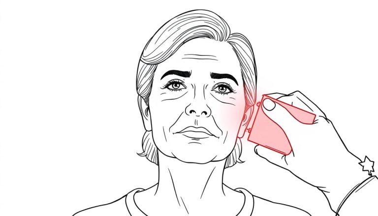 Line drawing of a middle-aged person with Bell's palsy receiving red light therapy treatment on their face