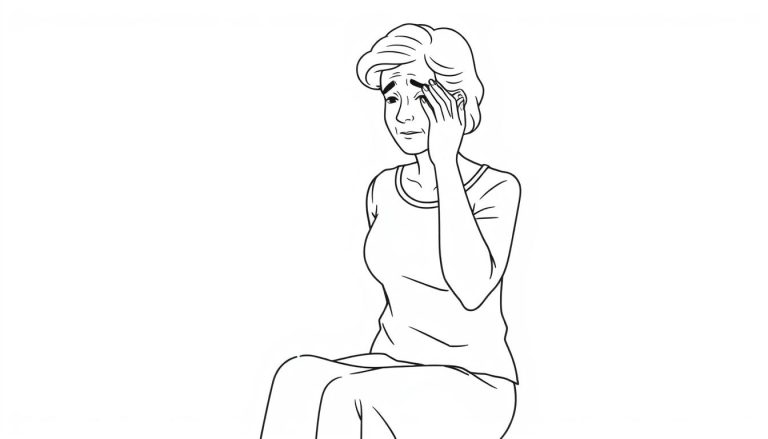 Line drawing of a middle-aged woman experiencing vertigo symptoms, holding her head while seated