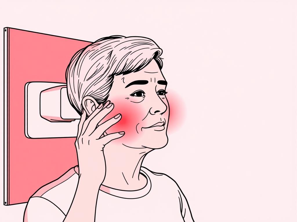 Line drawing of a person performing facial exercises while using red light therapy for Bell's palsy