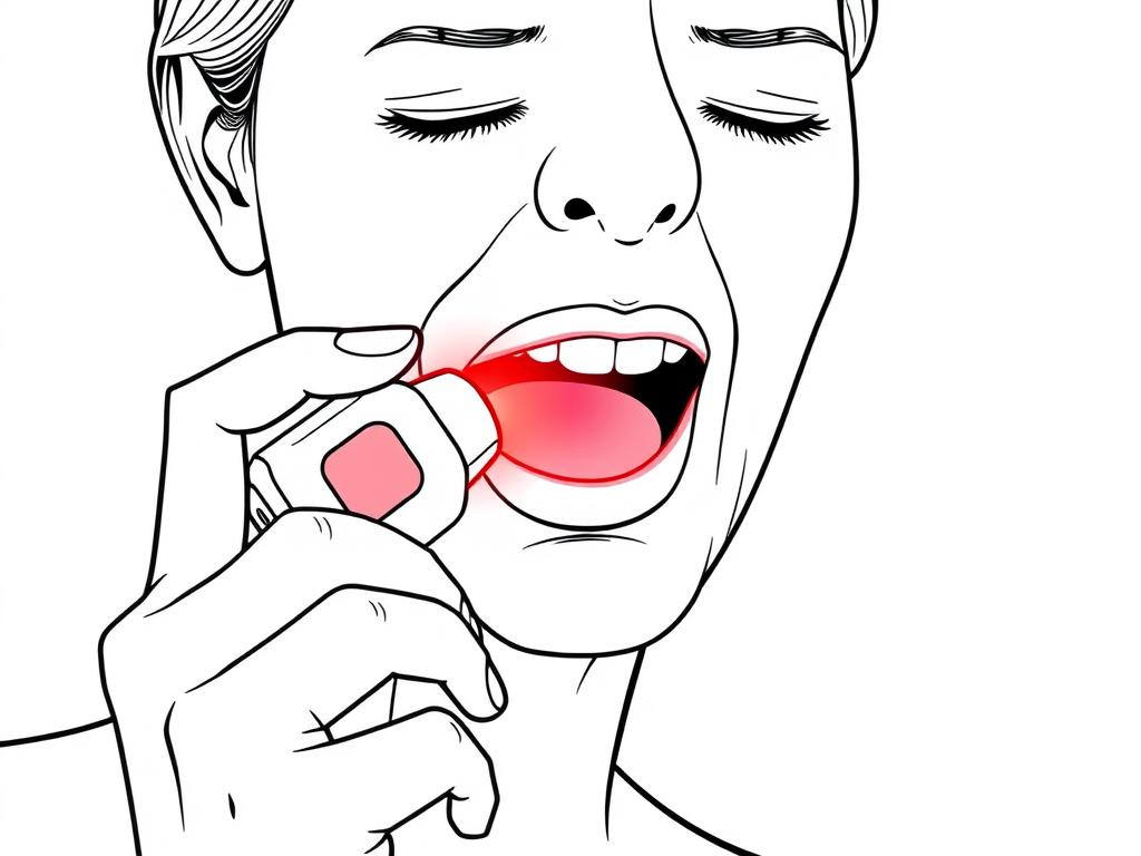 Line drawing of a person using a handheld red light therapy device to treat a canker core inside their mouth