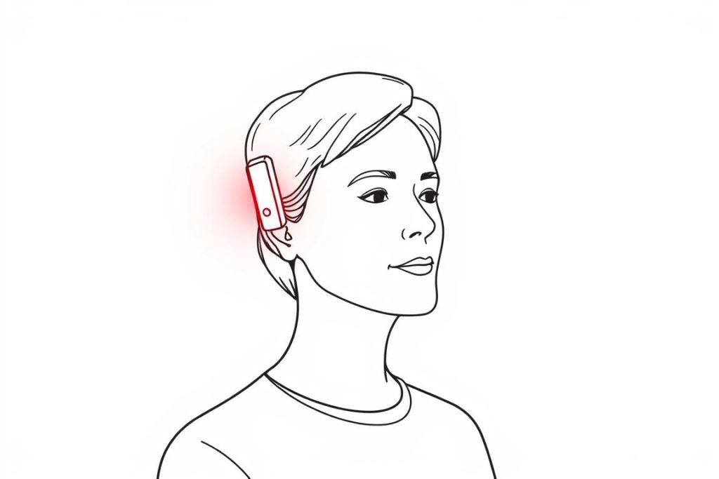 Line drawing of a person using a red light therapy panel near their ear for vertigo treatment