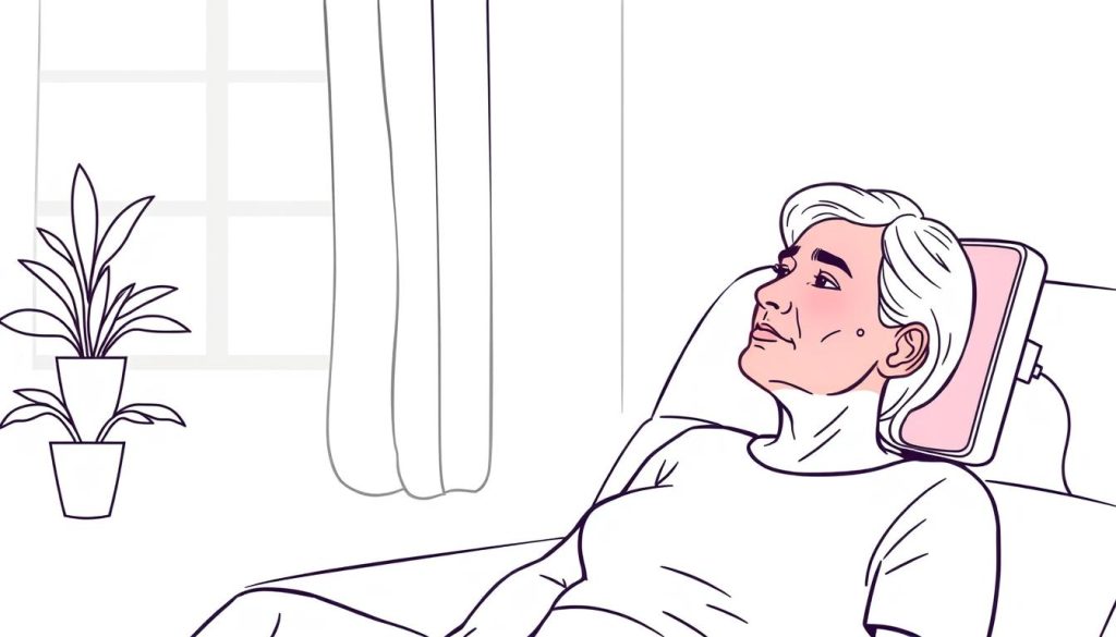 Line drawing of a person using a red light therapy panel on their face to treat actinic keratosis at home