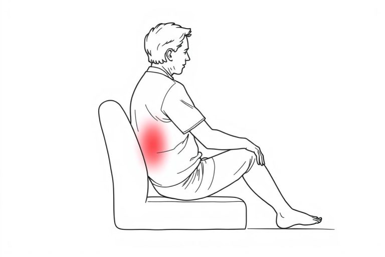 Line drawing of a person using red light therapy on lower back for kidney stone pain relief