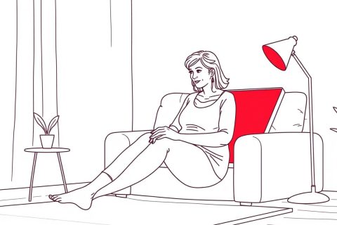 Line drawing of a woman using red light therapy for menopause symptom relief at home