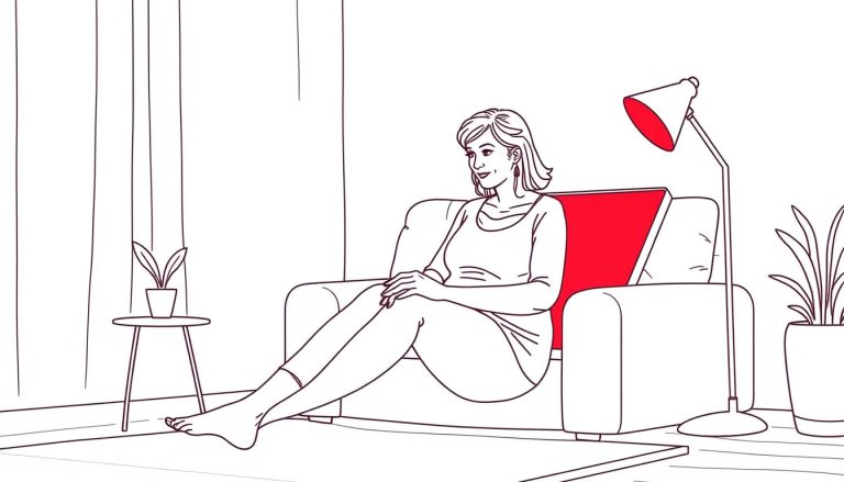 Line drawing of a woman using red light therapy for menopause symptom relief at home