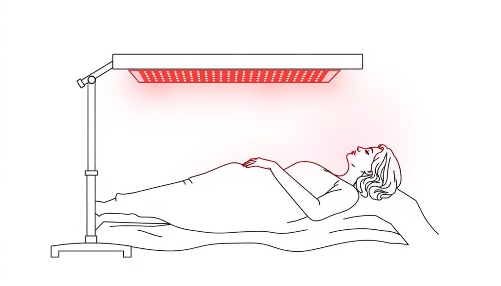 Line drawing of a woman using the Total Spectrum Elite panel for full-body red light therapy for menopause relief