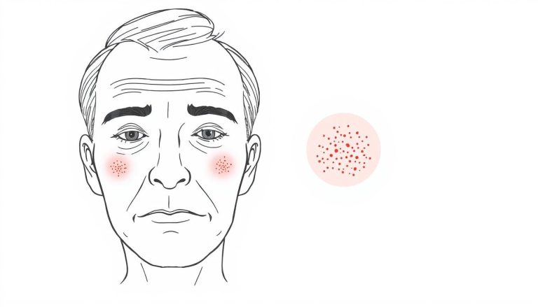 Line drawing of actinic keratosis lesions on a middle-aged person's face and scalp, showing the characteristic rough, scaly patches