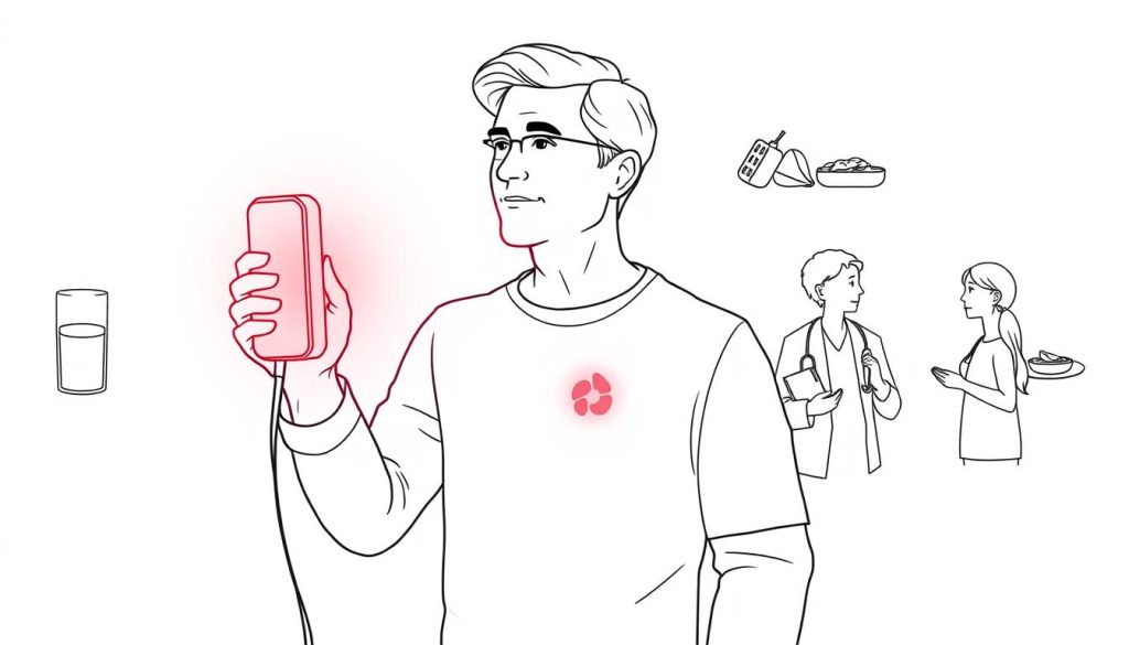 Line drawing of person using red light therapy as part of comprehensive kidney stone management