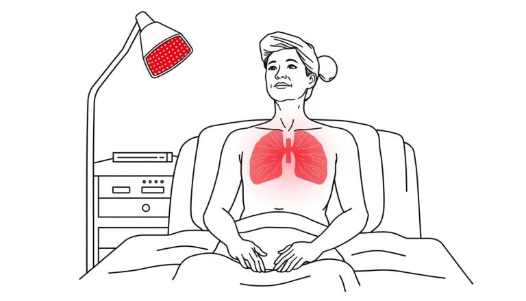 Line drawing of red light therapy for pneumonia treatment showing a middle-aged person receiving treatment