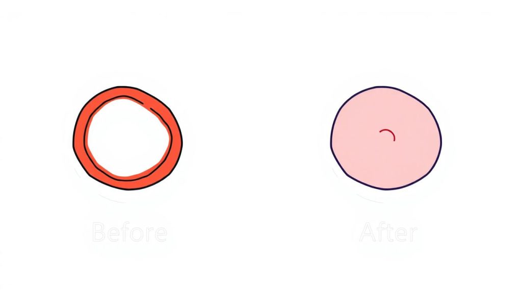 Line drawing showing before and after treatment of canker cores with red light therapy, demonstrating healing progression