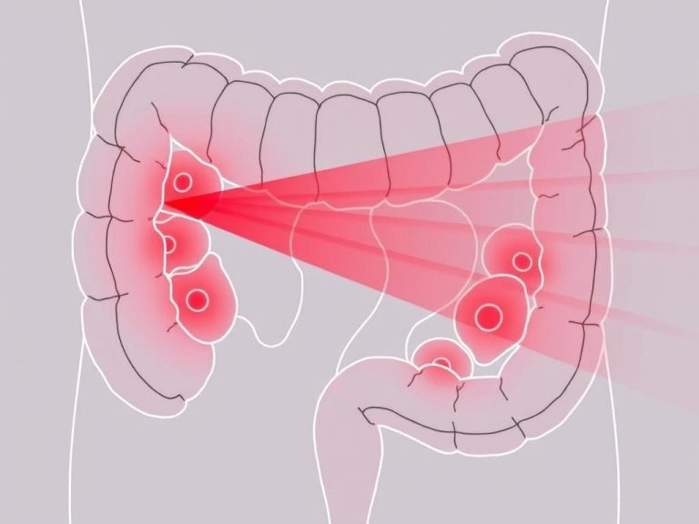 Line drawing showing how red light therapy penetrates tissue layers to reach inflamed diverticula