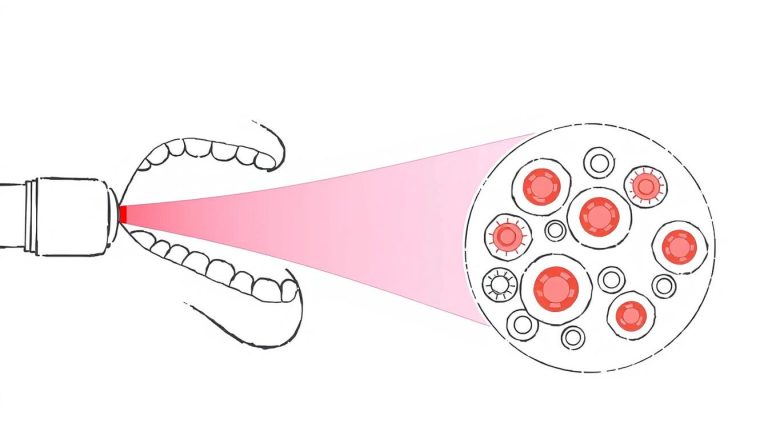 Line drawing showing how red light therapy works on cellular level for healing canker cores, with light penetrating tissue