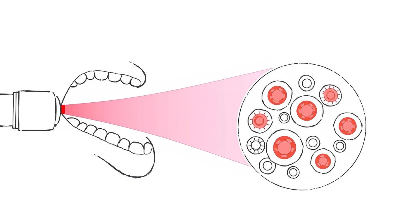 Line drawing showing how red light therapy works on cellular level for healing canker cores, with light penetrating tissue