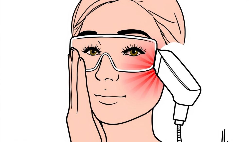 Line drawing showing proper eye protection during red light therapy for actinic keratosis treatment