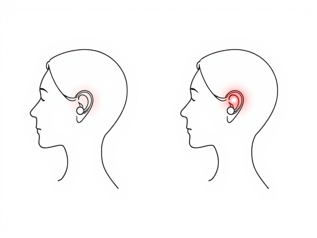 Line drawing showing the correct positioning of red light therapy for treating vertigo symptoms