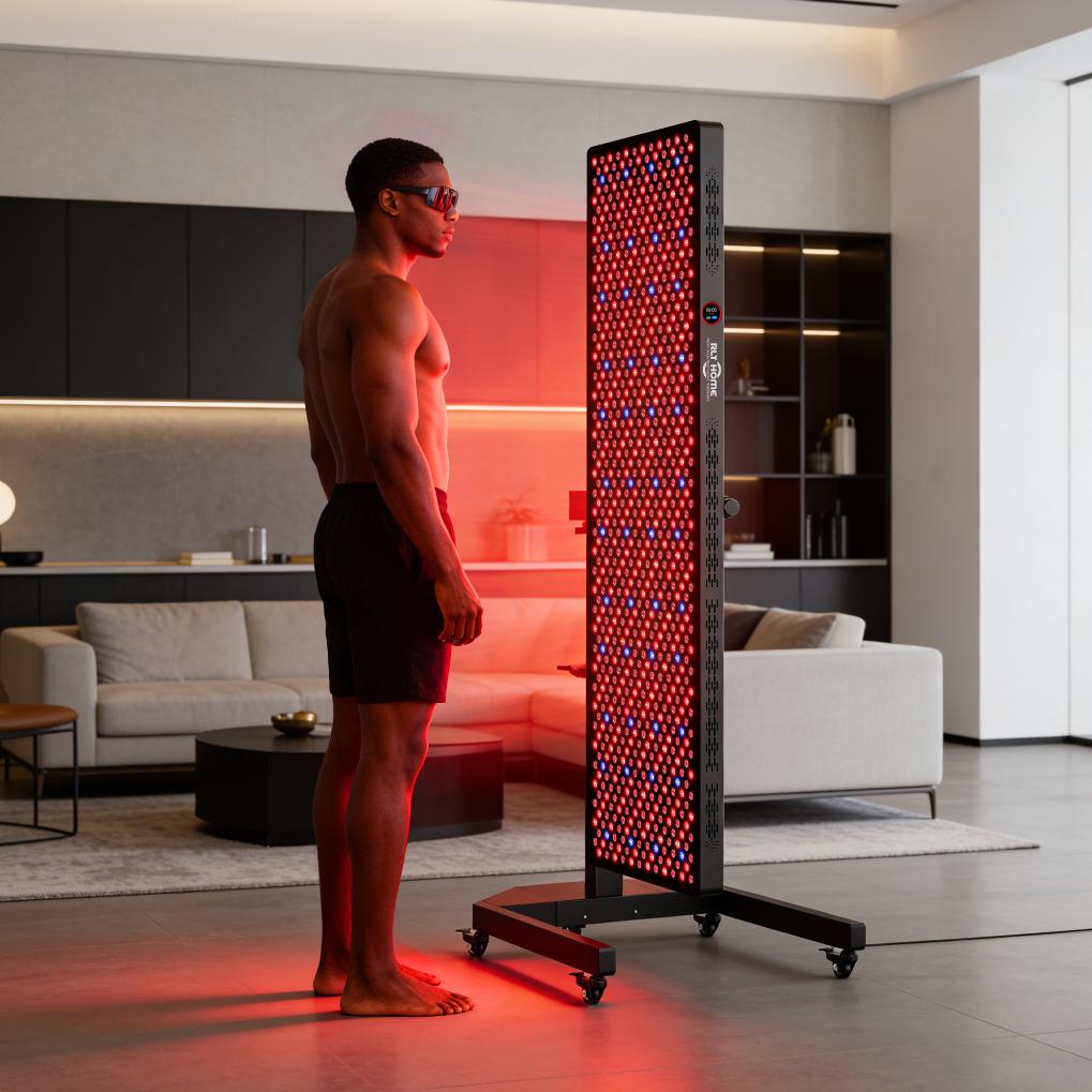 RLT Home Total Spectrum Elite full-body panel mounted on the included motorized electric stand RLT Home Total Spectrum Elite full-body panel mounted on the included motorized electric stand