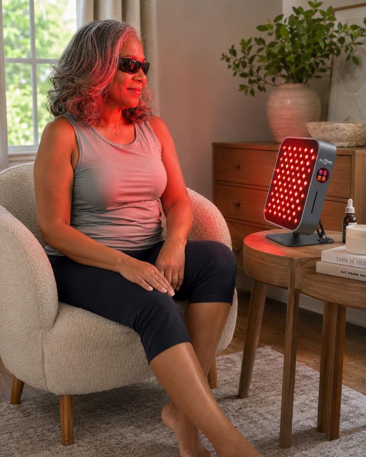 Mature woman using an RLT Home Total Spectrum Mini at home