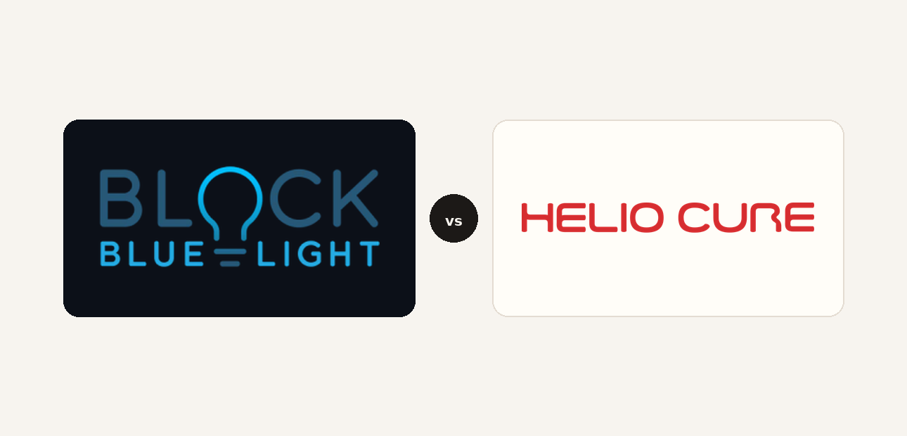 BlockBlueLight vs Helio Cure logo comparison lockup 2026
